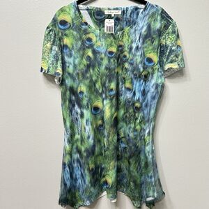 Indigo Soul Top Women's Medium Green Blue Short Sleeve Peacock Mesh Boho Shirt